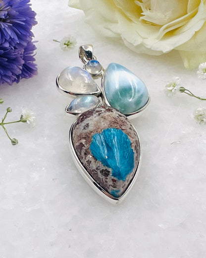 Larimar & Cavansite on Matrix Cab with Rainbow Accents as a Combi Pendant