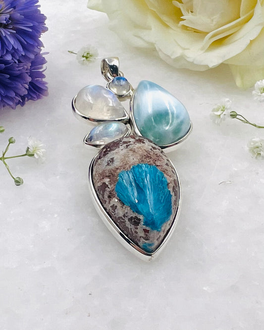 Larimar & Cavansite on Matrix Cab with Rainbow Accents as a Combi Pendant