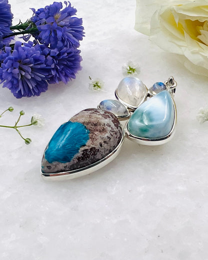 Larimar & Cavansite on Matrix Cab with Rainbow Accents as a Combi Pendant
