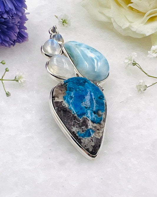 Larimar & Cavansite on Matrix Cab with Rainbow & CZ Accents as a Combi Pendant
