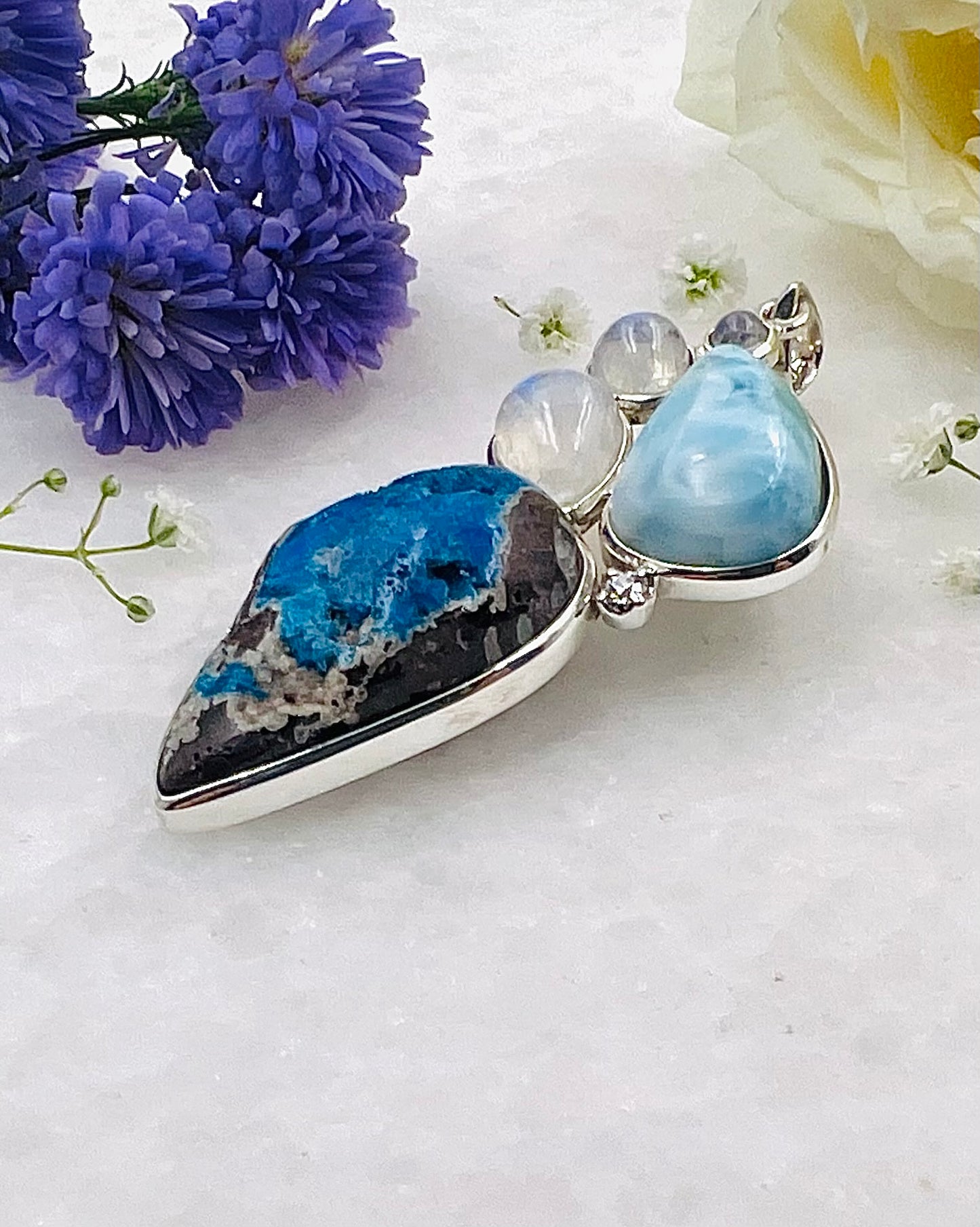 Larimar & Cavansite on Matrix Cab with Rainbow & CZ Accents as a Combi Pendant