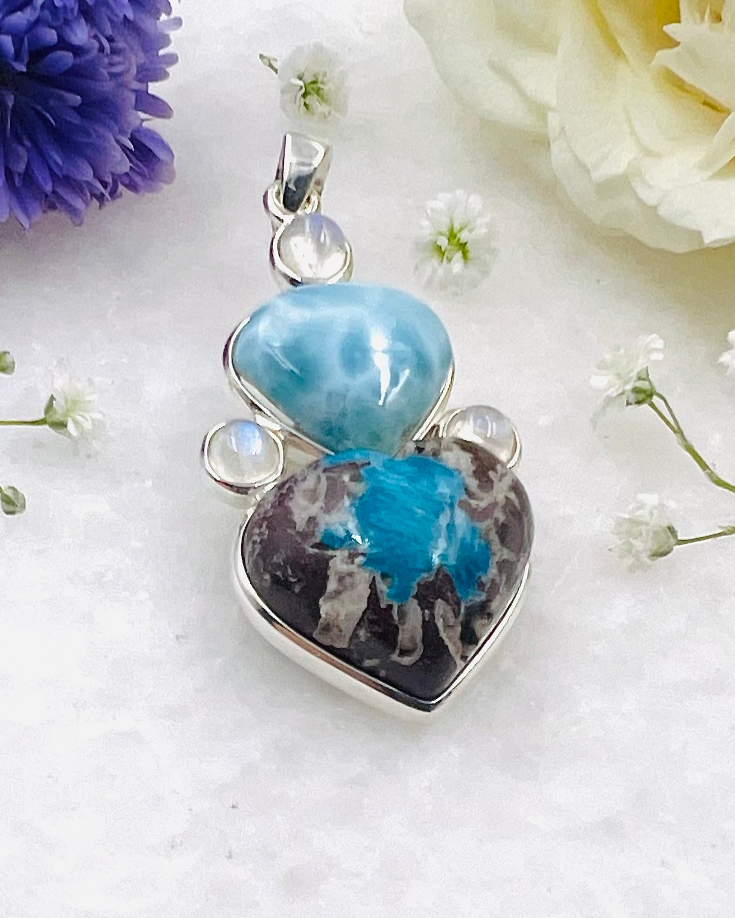 Larimar & Cavansite on Matrix Cab with Rainbow Accents as a Combi Pendant