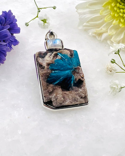 Natural Cavansite on Matrix with Rainbow Accent as a Combi Pendant