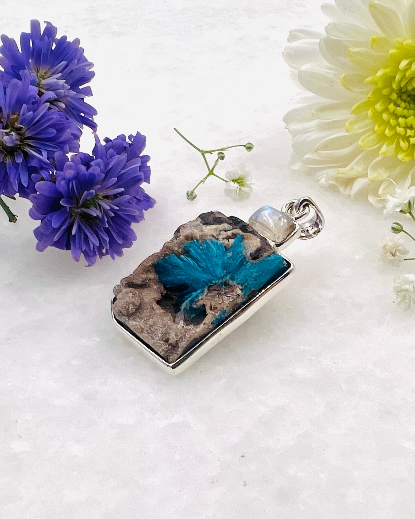 Natural Cavansite on Matrix with Rainbow Accent as a Combi Pendant