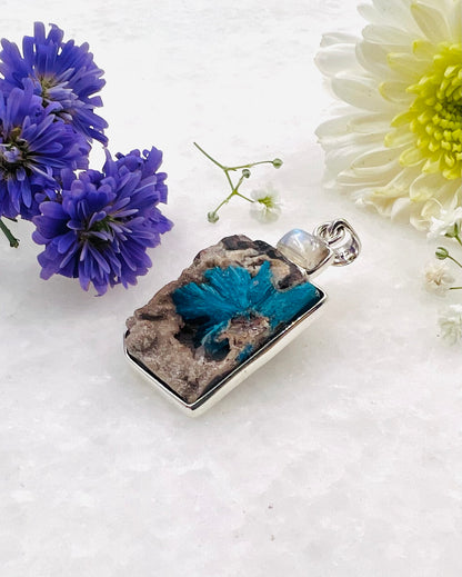 Natural Cavansite on Matrix with Rainbow Accent as a Combi Pendant