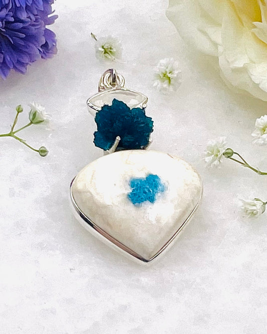 Cavansite in Okenite Matrix with a Cavansite Crystal and Rainbow Moonstone accent as a Combi Pendant