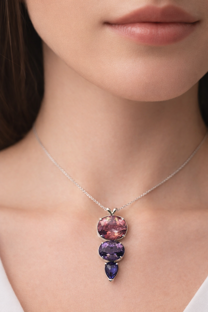 Facettierter Elestial Fire &amp; Amethyst Quarz und Amethyst als Kombi-Anhänger