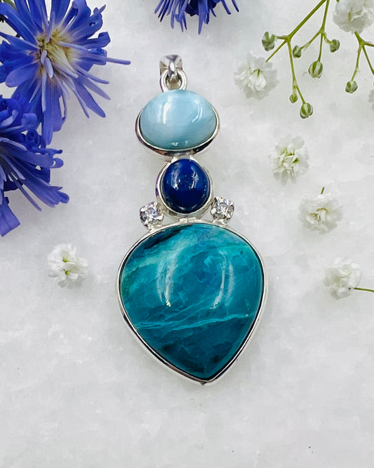 Larimar, Lapis, Chilean Blue Opal and CZ accents as a Combi Pendant