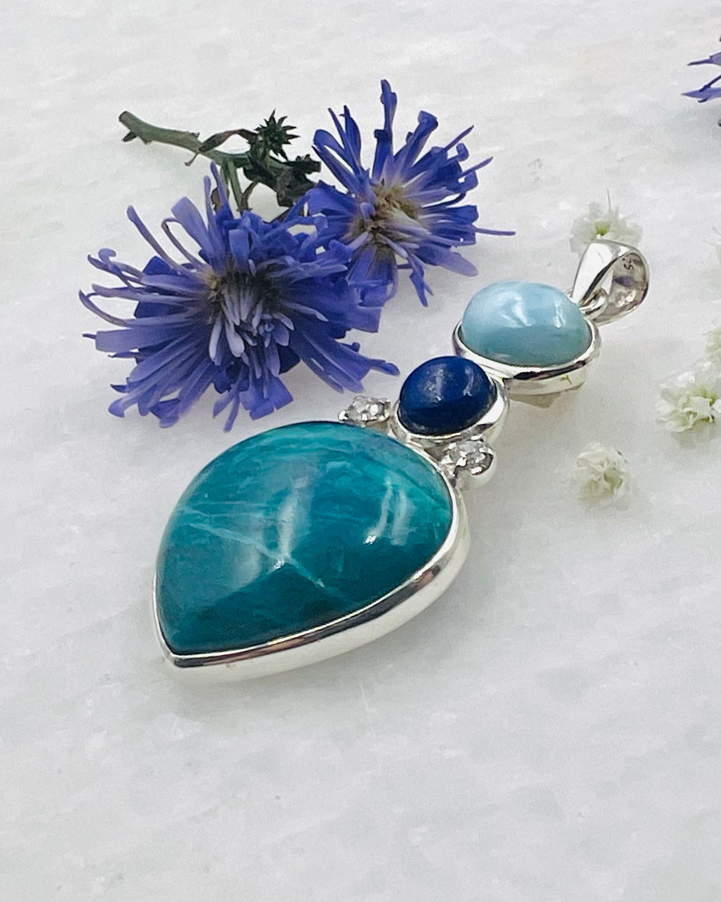 Larimar, Lapis, Chilean Blue Opal and CZ accents as a Combi Pendant