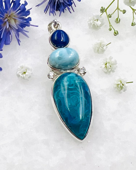 Larimar, Lapis, Chilean Blue Opal and CZ accents as a Combi Pendant