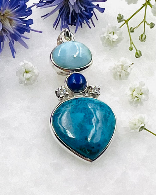 Larimar, Lapis, Chilean Blue Opal and CZ accents as a Combi Pendant