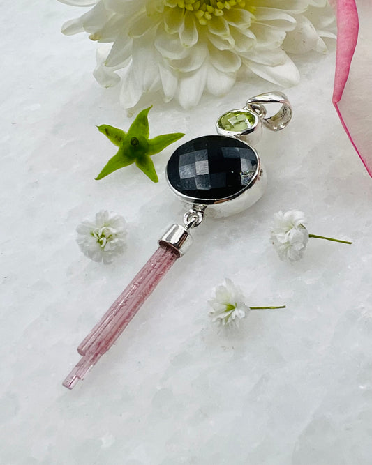 Black Turmaline Top Facetted w/ Peridot and Red Turmaline Wand as a Combi Pendant