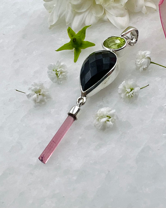 Black Turmaline Top Facetted with Peridot and Red Turmaline Wand as a Combi Pendant