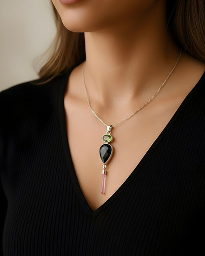 Black Turmaline Top Facetted with Peridot and Red Turmaline Wand as a Combi Pendant