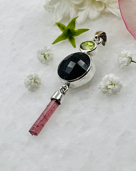Black Turmaline Top Facetted with Peridot and Red Turmaline Wand as a Combi Pendant