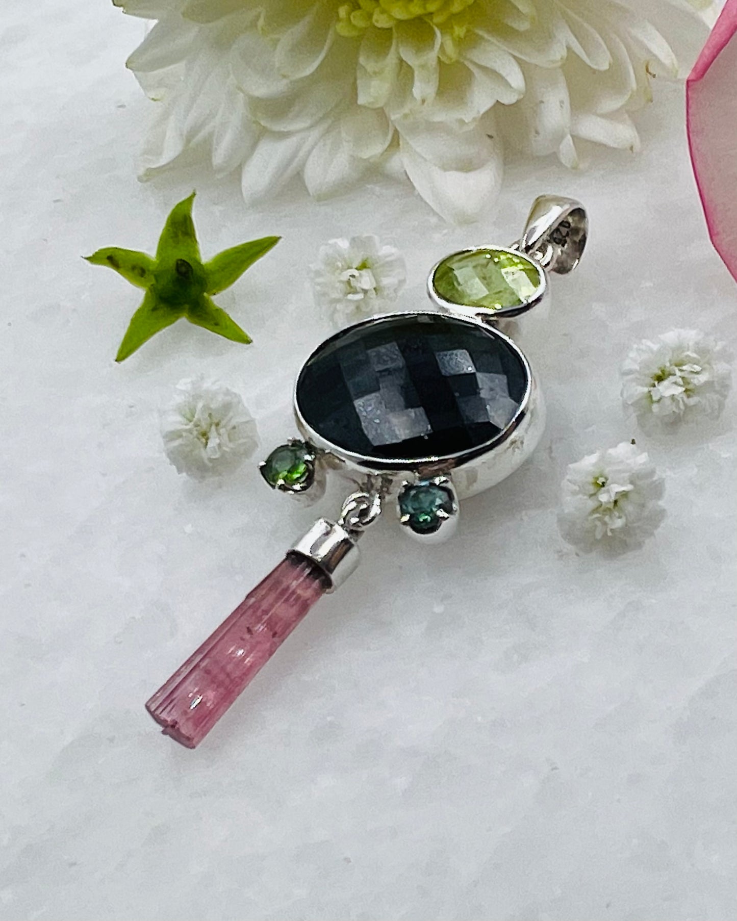 Black Turmaline Top Facetted, Peridot & Green Turmaline with a Red Turmaline Wand as a Combi Pendant