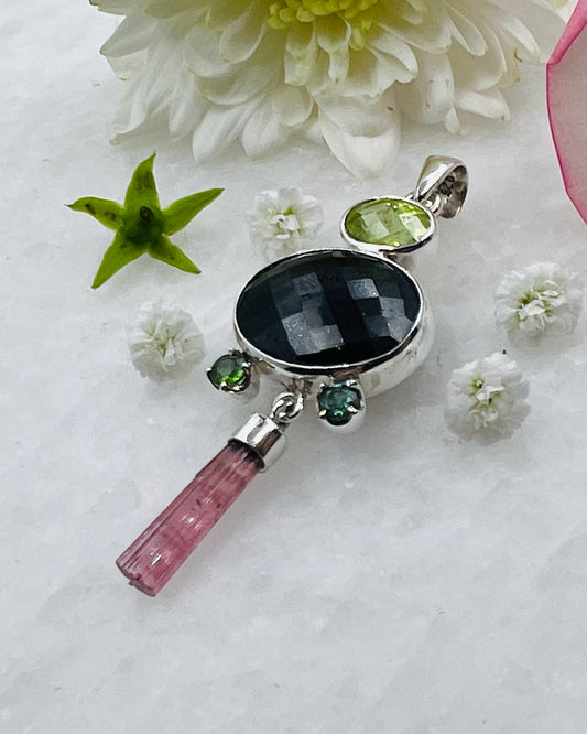 Black Turmaline Top Facetted, Peridot & Green Turmaline with a Red Turmaline Wand as a Combi Pendant