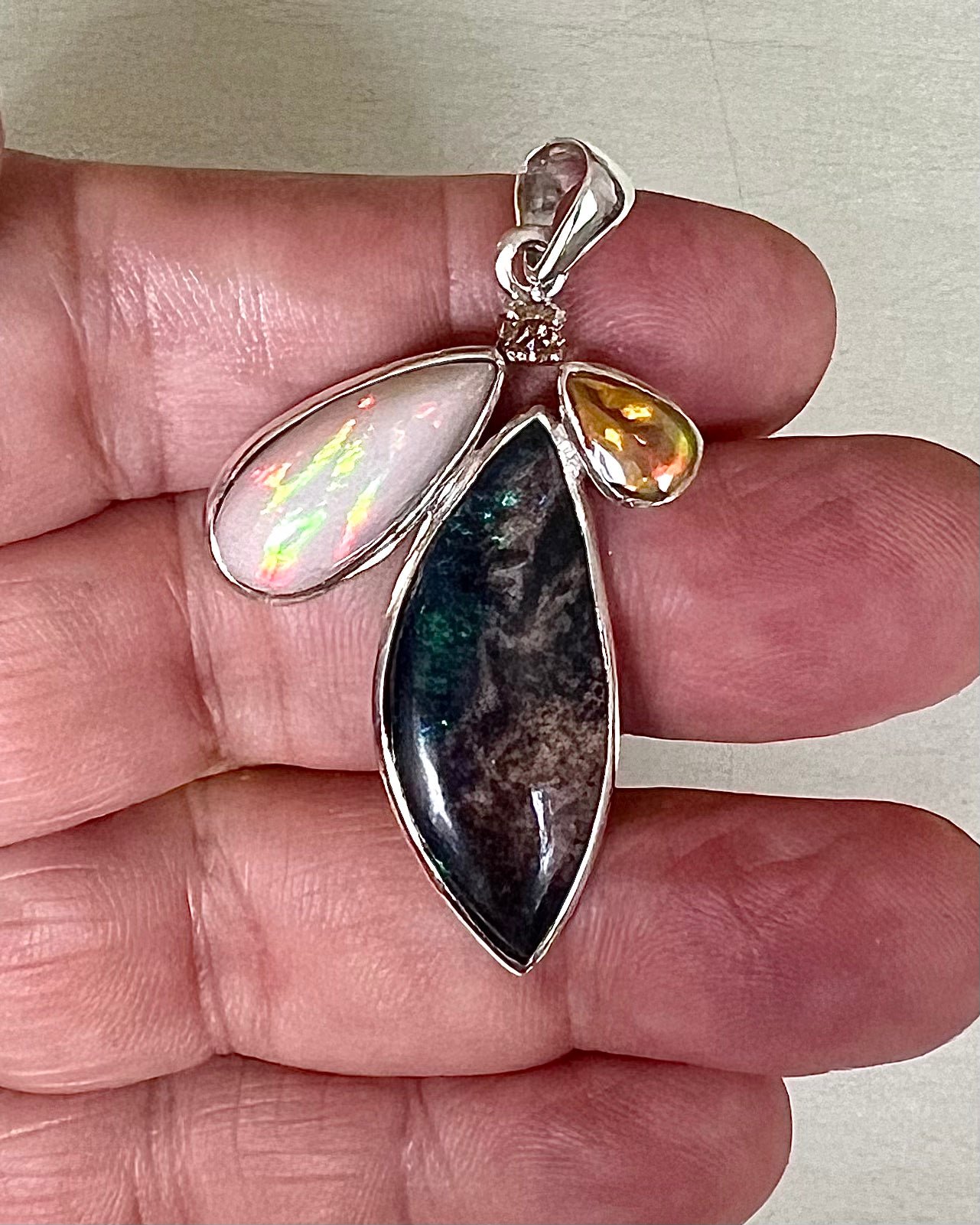 Andamooka Opal with Ethiopian Opals & Diamonds as a Combi Pendant