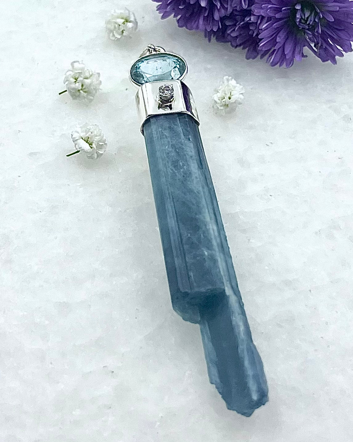 Natural Dark Blue South Indian Aquamarine Crystal with Facetted Aquamarine & CZ accents as a Combi Pendant