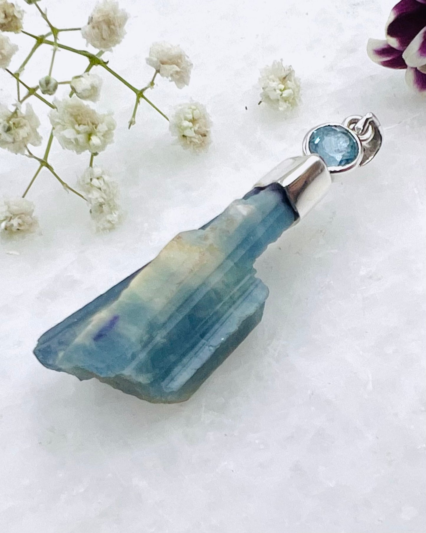 Natural Dark Blue South Indian Aquamarine Crystal with Facetted Aquamarine accent as a Combi Pendant