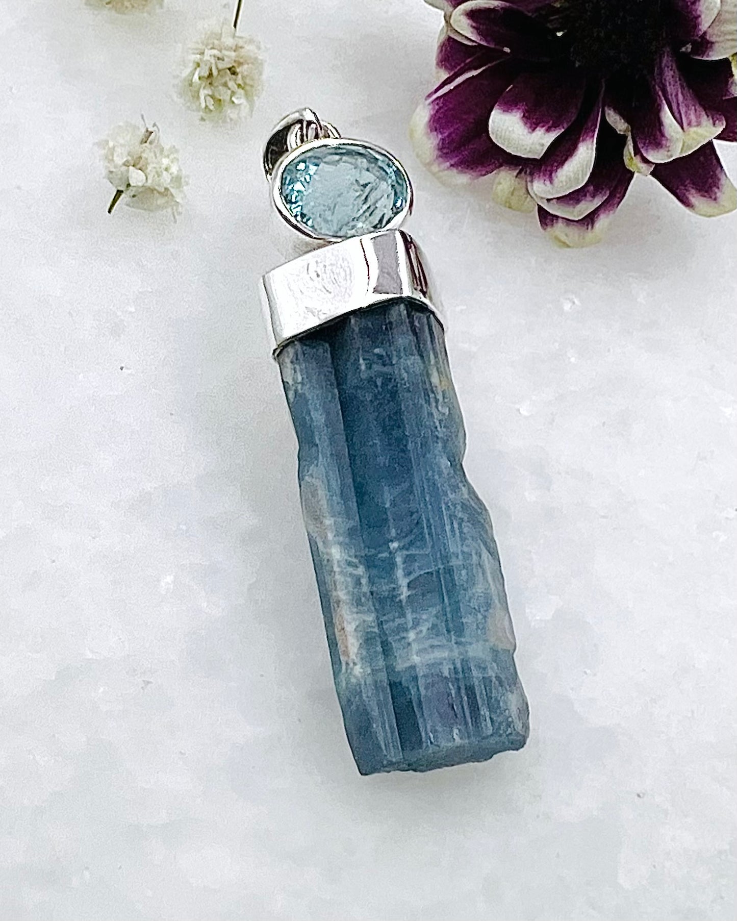 Natural Dark Blue South Indian Aquamarine Crystal with Facetted Aquamarine accent as a Combi Pendant