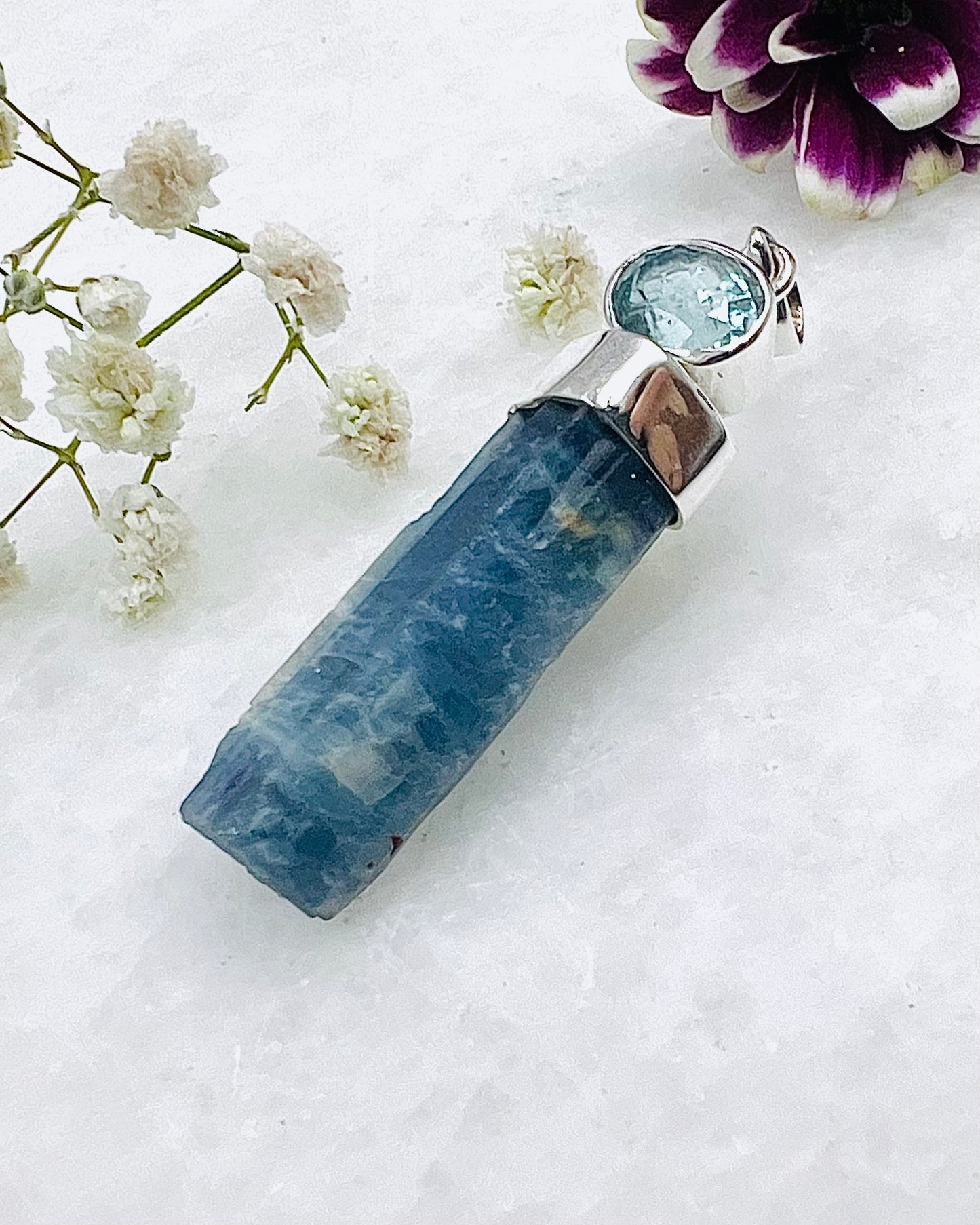 Natural Dark Blue South Indian Aquamarine Crystal with Facetted Aquamarine accent as a Combi Pendant