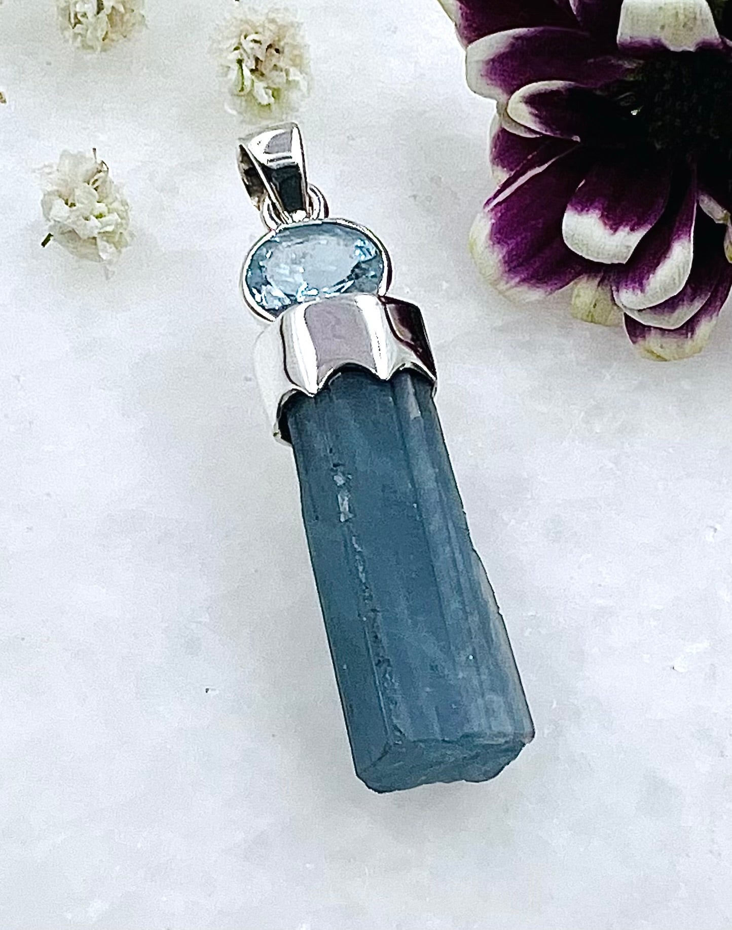 Natural Dark Blue South Indian Aquamarine Crystal with Facetted Aquamarine accent as a Combi Pendant