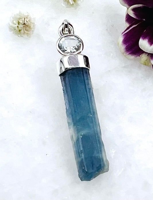 Natural Dark Blue South Indian Aquamarine Crystal with Facetted Aquamarine accent as a Combi Pendant