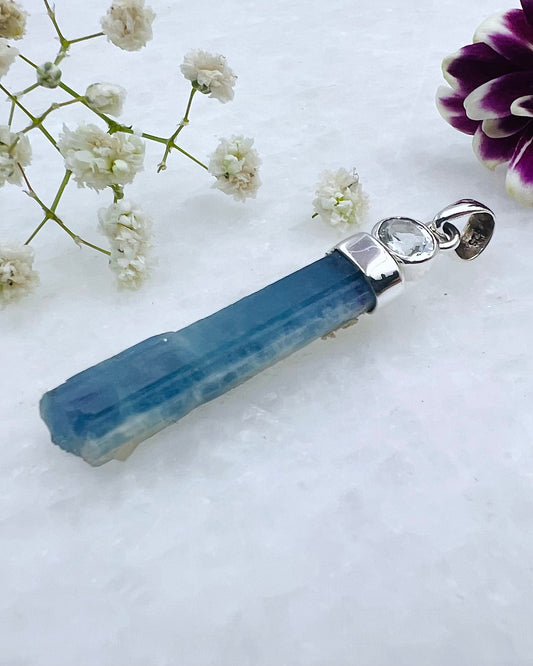 Natural Dark Blue South Indian Aquamarine Crystal with Facetted Aquamarine accent as a Combi Pendant