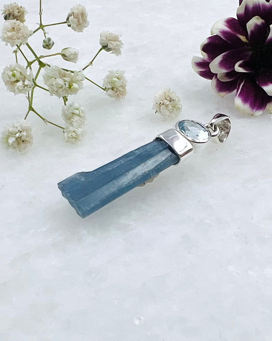 Natural Dark Blue South Indian Aquamarine Crystal with Facetted Aquamarine accent as a Combi Pendant