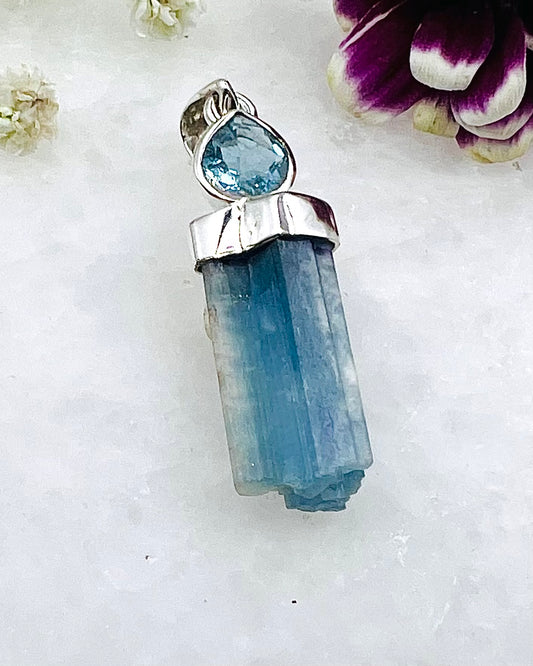 Natural Dark Blue South Indian Aquamarine Crystal with Facetted Aquamarine accent as a Combi Pendant