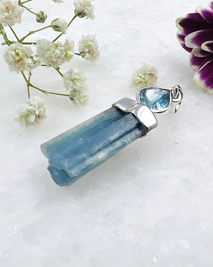 Natural Dark Blue South Indian Aquamarine Crystal with Facetted Aquamarine accent as a Combi Pendant
