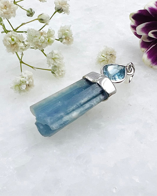 Natural Dark Blue South Indian Aquamarine Crystal with Facetted Aquamarine accent as a Combi Pendant