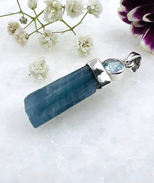 Natural Dark Blue South Indian Aquamarine Crystal with Facetted Aquamarine accent as a Combi Pendant