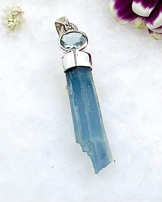 Natural Dark Blue South Indian Aquamarine Crystal with Facetted Aquamarine accent as a Combi Pendant