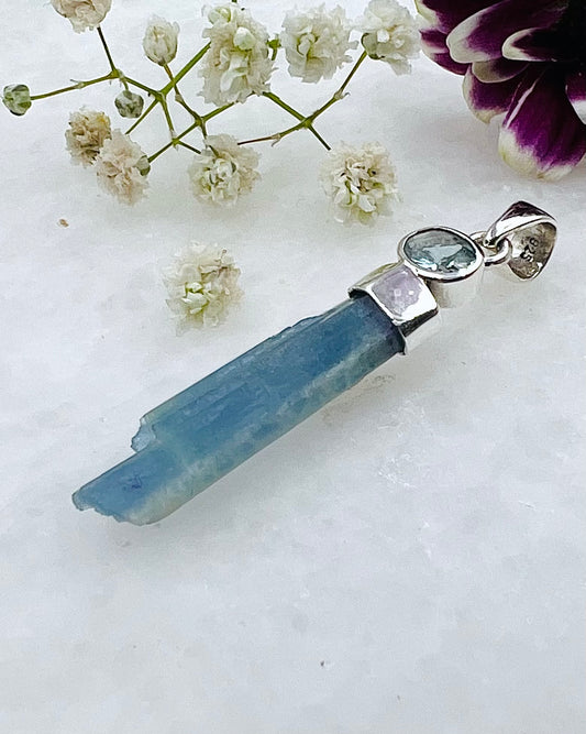 Natural Dark Blue South Indian Aquamarine Crystal with Facetted Aquamarine accent as a Combi Pendant