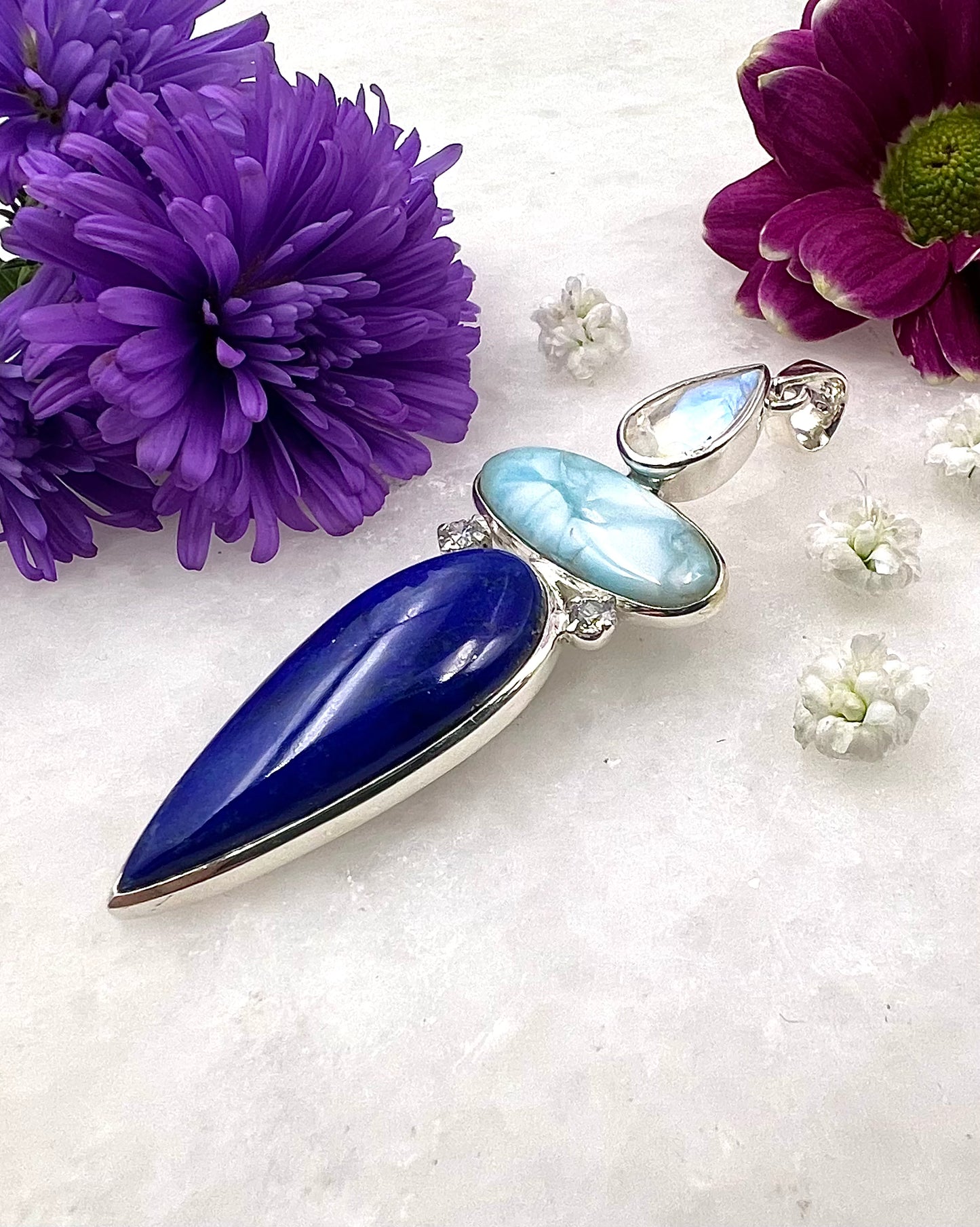 Larimar, Lapis, Rainbow Moonstone with CZ as a Combi