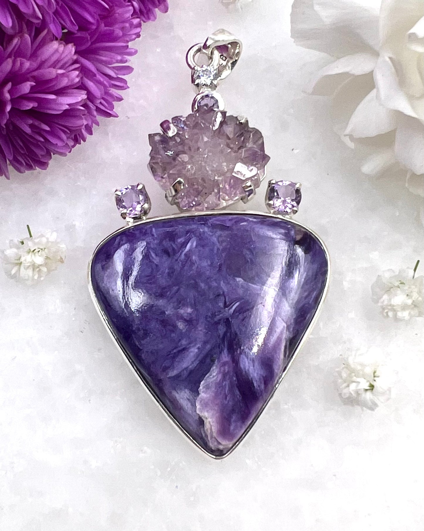 Natural Amethyst Flower with Chariote, Amethyst & CZ Accents as a Combi