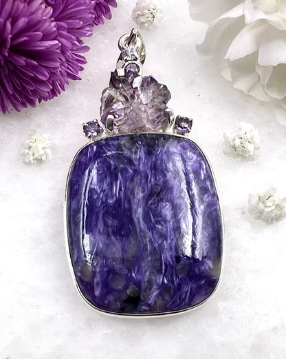 Natural Amethyst Flower with Chariote, Amethyst & CZ Accents as a Combi