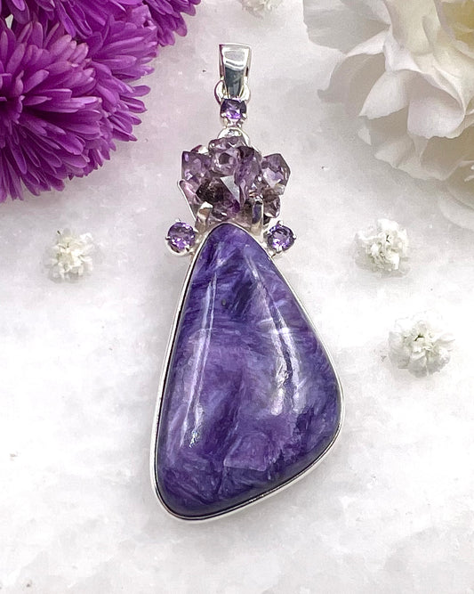 Natural Amethyst Flower with Chariote, Amethyst & CZ Accents as a Combi
