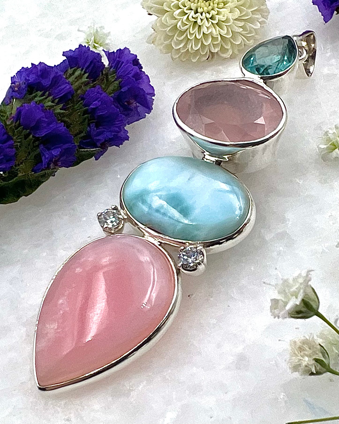 Blue Fluorite, Facetted Rose Qtz with Larimar and Pink Opal w/ Cubic Zirconias as a Combi