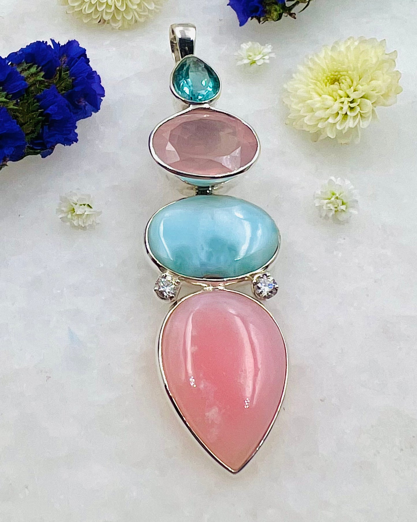 Blue Fluorite, Facetted Rose Qtz with Larimar and Pink Opal w/ Cubic Zirconias as a Combi