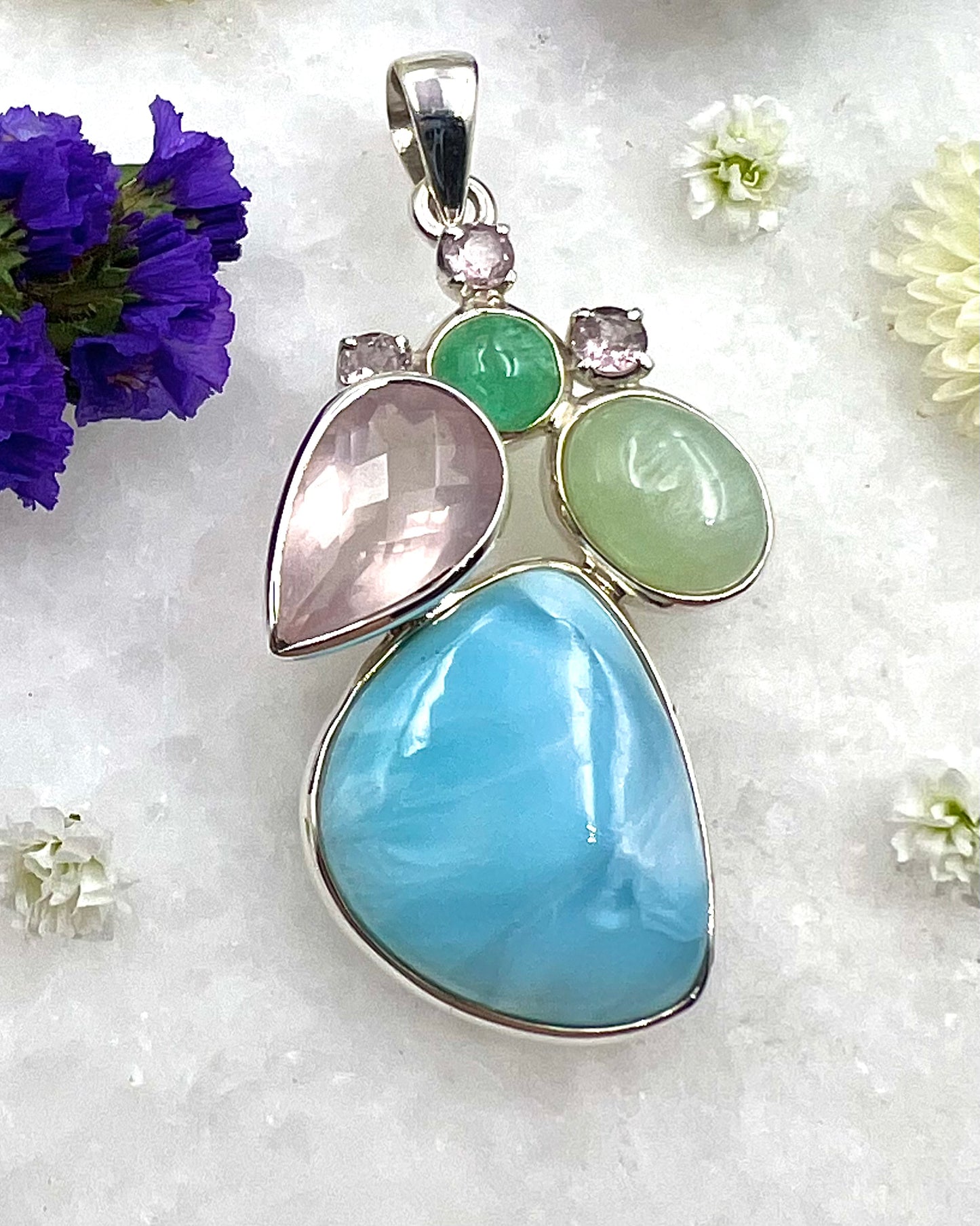 Larimar,Emerald, Green Moonstone, Facetted Rose Quartz w/ Pink Turmalines a a Combi