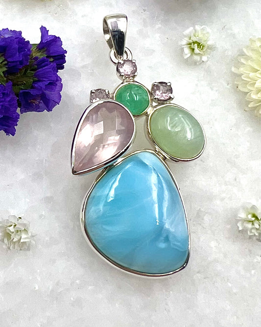 Larimar,Emerald, Green Moonstone, Facetted Rose Quartz w/ Pink Turmalines a a Combi