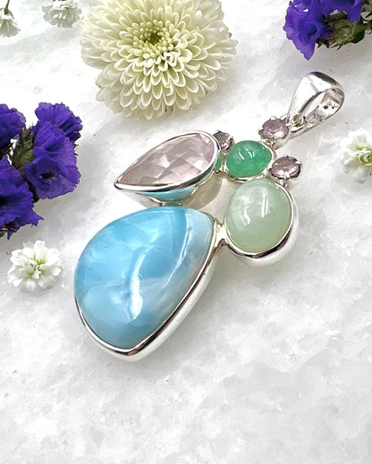 Larimar,Emerald, Green Moonstone, Facetted Rose Quartz w/ Pink Turmalines a a Combi