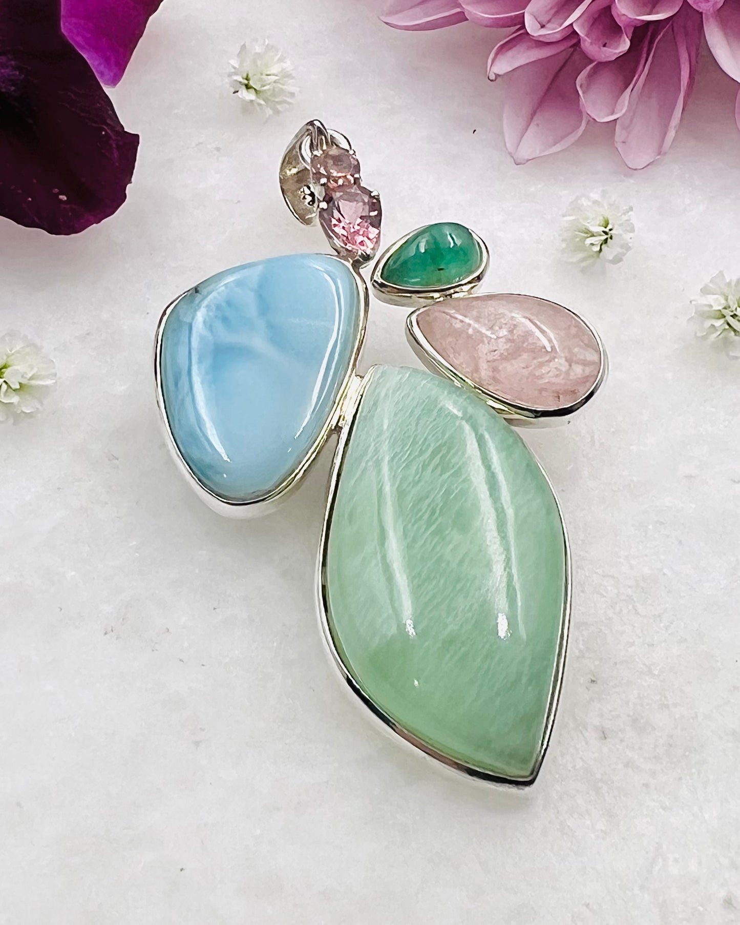 Larimar, Green Moonstone, Morganite, Emerald and Pink Tourmlines as a Combi