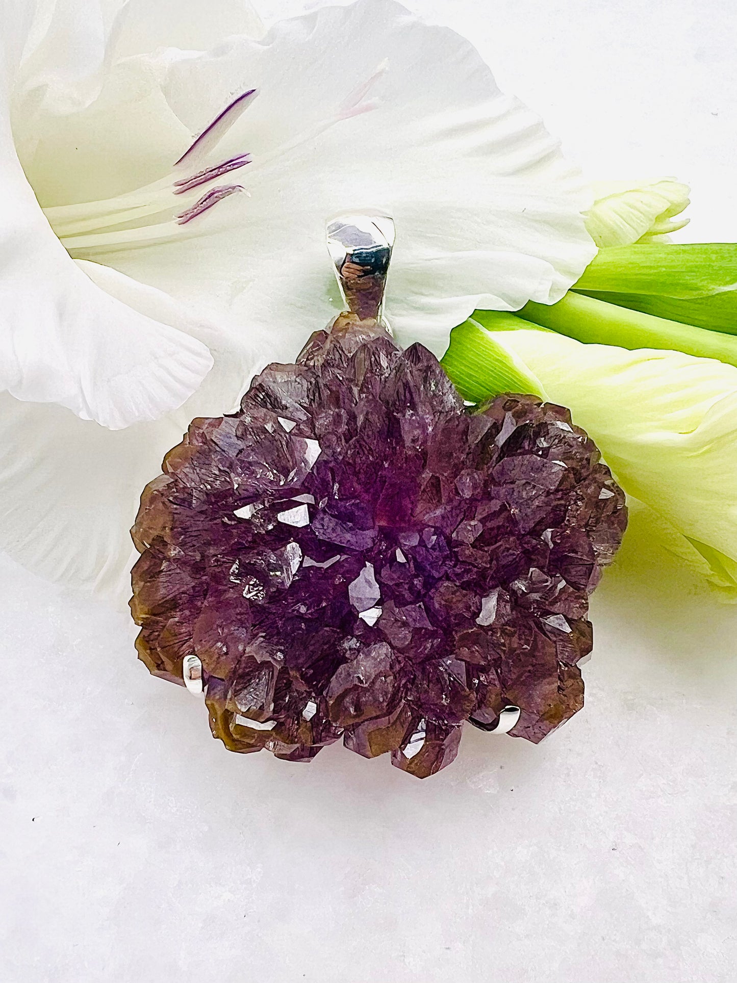 Collectors Grade Complete Amethyst Flower w/ Hematite Inclusions Pendant