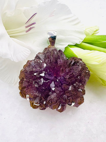 Collectors Grade Complete Amethyst Flower w/ Hematite Inclusions Pendant