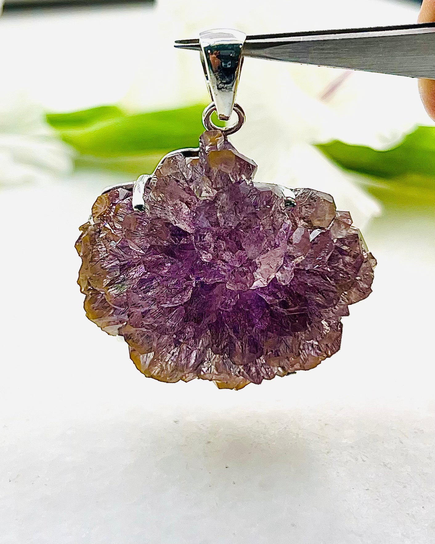 Collectors Grade Complete Amethyst Flower w/ Hematite Inclusions Pendant
