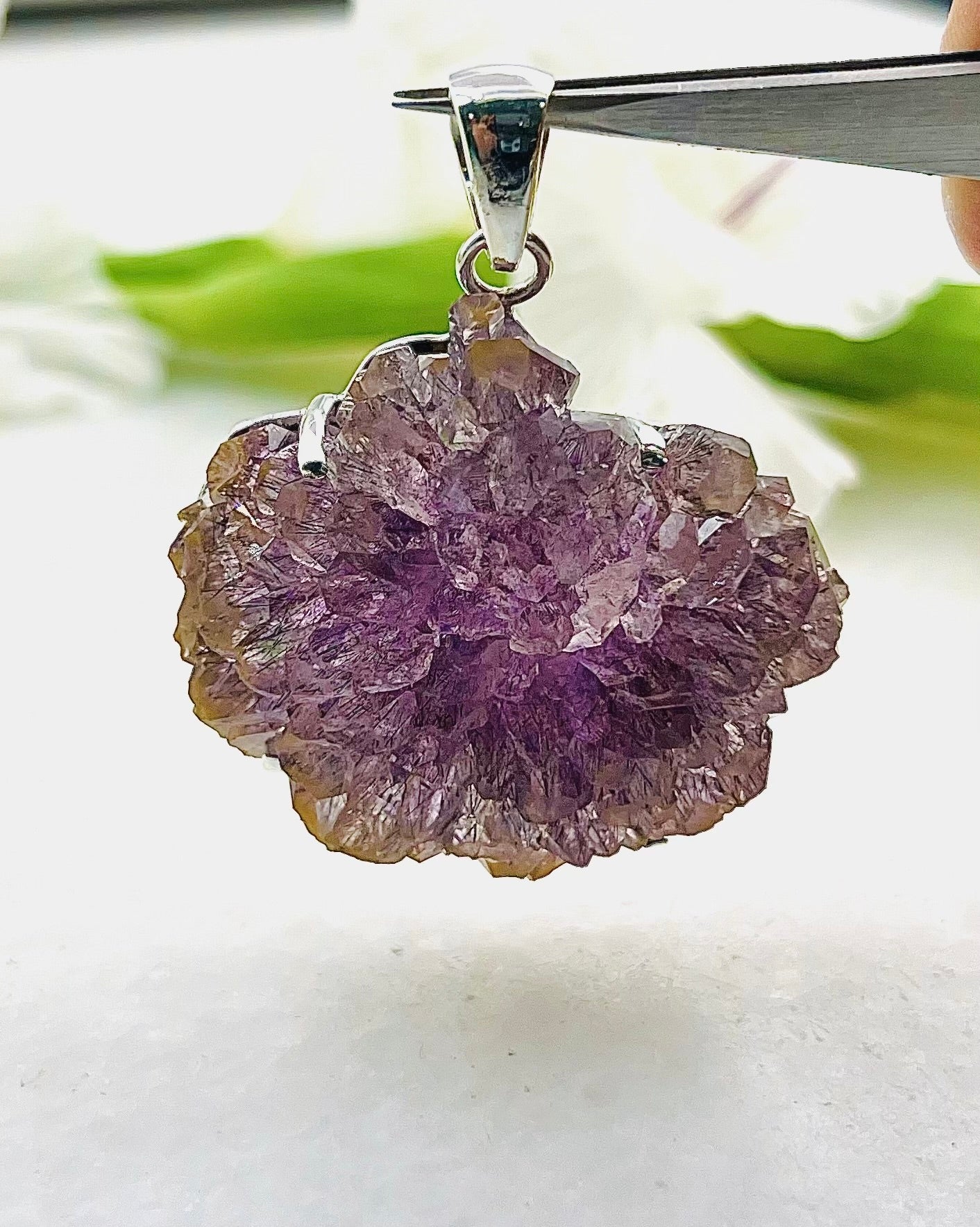 Collectors Grade Complete Amethyst Flower w/ Hematite Inclusions Pendant